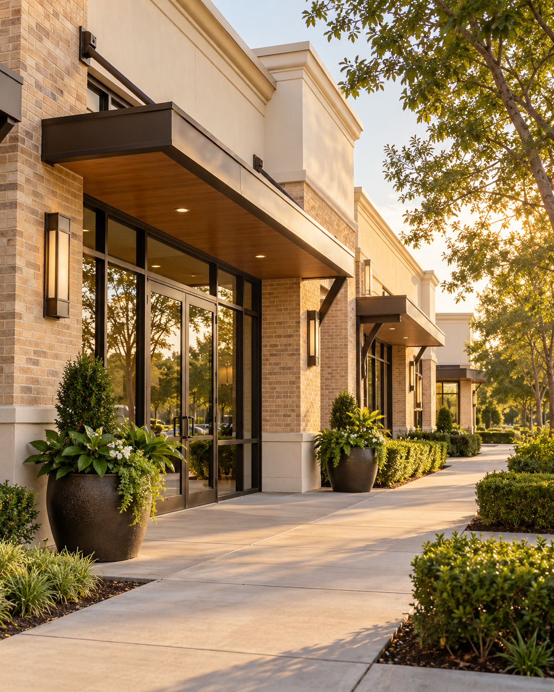 A well-maintained commercial property with storefronts, landscaping, and a covered walkway